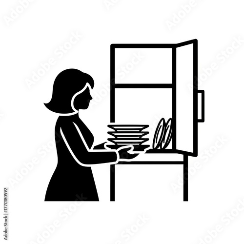 Woman Putting Dishes Away in Kitchen Cabinet Icon.