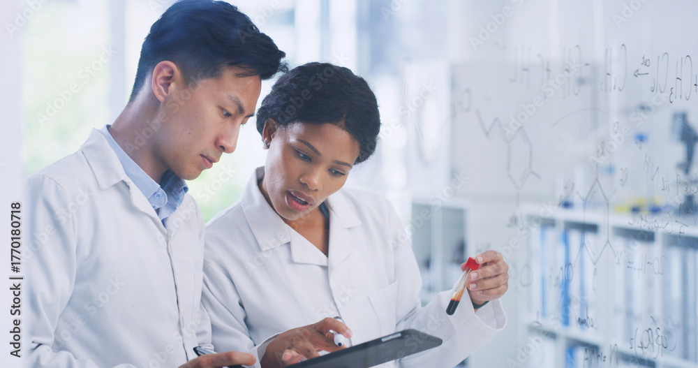 Fototapeta premium Research, tablet and glass wall with people in lab for blood sample, vaccine formula and enzyme reaction. Medical, digital report and brainstorming chemical equation with scientists in clinic
