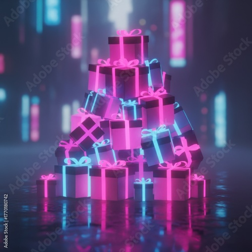 Stack of cyberpunk gift boxes with glowing neon outlines (pink and blue) set against a dark, blurred futuristic city background, blending holiday and technology.