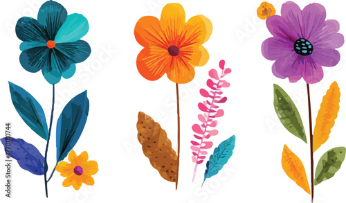 set of flowers and leaves