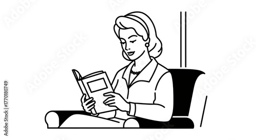 Elegant Woman Engrossed in Reading a Book Illustration.