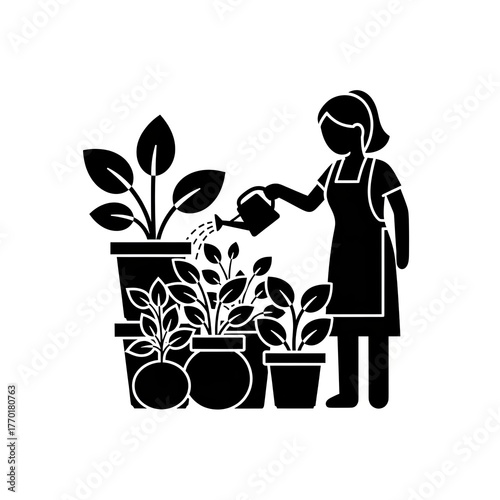 Gardening Woman Watering Plants in Pots Icon.