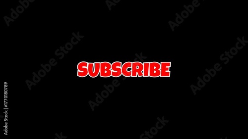 Animated red “Subscribe” text with bold motion style on transparent background. Perfect for video intros, social media channels, and content creator branding. alpha channel