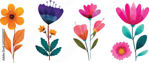 set of flowers and leaves