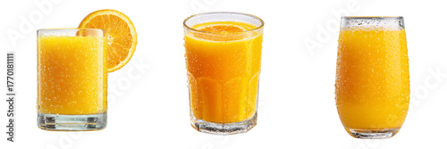 Three glasses of cold orange juice with condensation and orange slice isolated on a transparent background