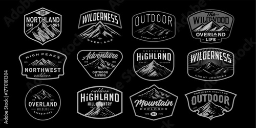 Vintage mountain and forest badge logo design set. Adventure and outdoor retro emblem logo pack with mountains and trees. Hiking and camping insignia patch bundle for travel and exploration