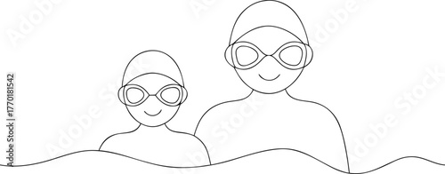 Two swimmers wearing goggles and caps in water swimming