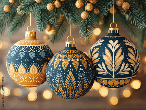 blue Christmas baubles on a...