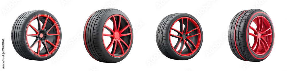 Obraz premium Set of Four Modern Car Wheels with Red Rims Isolated on White Background