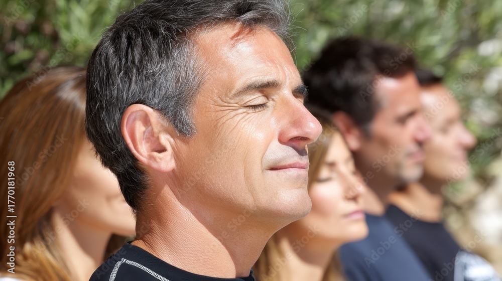 Fototapeta premium Mindfulness meditation practice outdoor setting group of people calm environment close-up view relaxation techniques