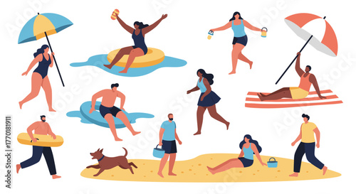 A diverse group of men and women of various ages and ethnicities enjoying summer activities at the beach or by the pool.