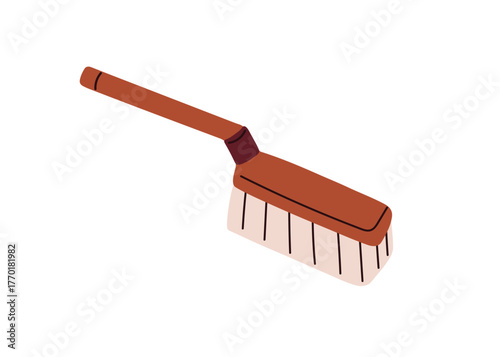 Broom brush. Cleaning sweeping accessory, sweeper with bristle and handle for floor dust and dirt. Household tool. Domestic housekeeping item. Flat vector illustration isolated on white background