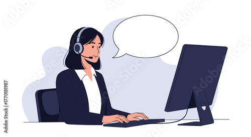 A smiling female customer service agent wearing a headset is working on a computer at her desk, ready to assist with a blank speech bubble above her head.