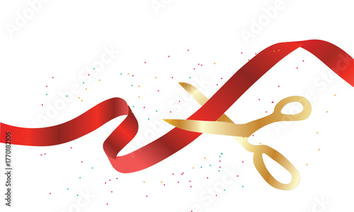 Golden scissors cut the red ribbon