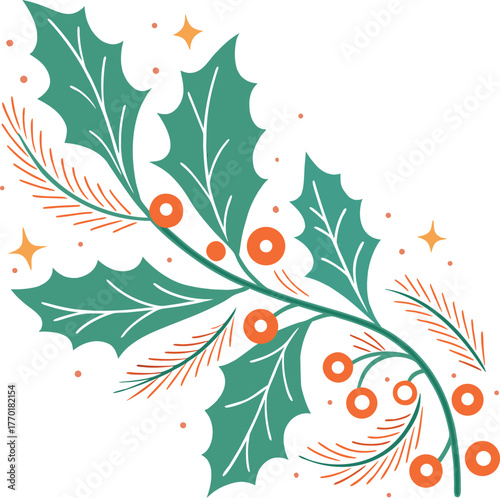 Holly sprig with berries and pine needles festive illustration vector