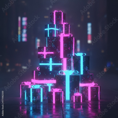 Stack of cyberpunk gift boxes with glowing neon outlines (pink and blue) set against a dark, blurred futuristic city background, blending holiday and technology.