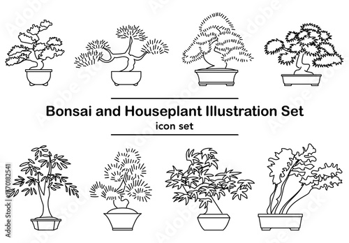 和の趣を感じる盆栽と観葉植物の線画ベクターセット｜モノクロのミニマルなアイコンでインテリアやデザイン素材に使いやすい植物イラスト集