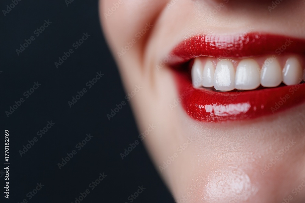 Fototapeta premium Smiling in red: A close-up shot of a radiant smile with vibrant red lips, showcasing perfect teeth and expressing pure joy.