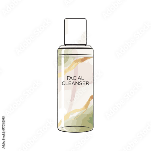 Flat vector style illustration of a facial cleanser bottle. Skincare and cosmetic product packaging concept. Graphic element isolated on a transparent background.
