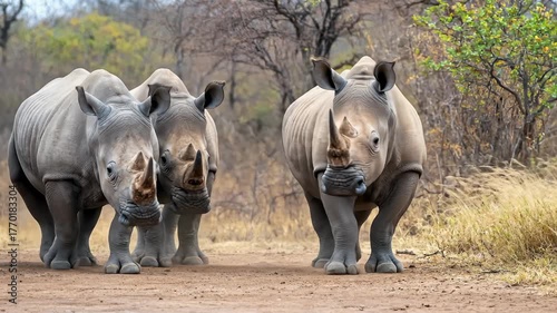 Rhino Herd Walking on a Dirt Road in the Wild