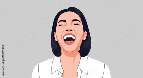 An illustration of a young woman with short dark hair laughing heartily, eyes closed and mouth wide open, showcasing pure joy.