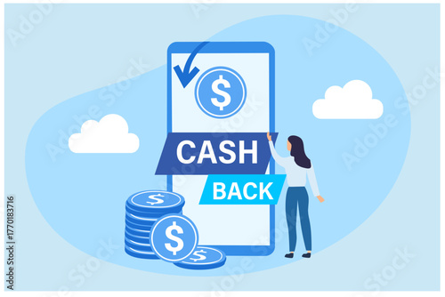 Money cash back from credit card spending. Financial promotion for commercial campaign, digital marketing money roll back, Saving money. Refund money service app on smartphone. Online banking vector