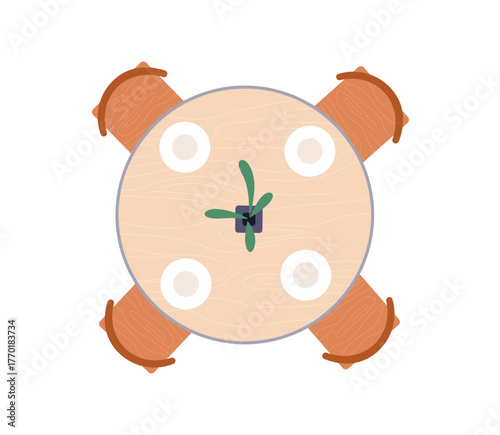 Wooden dining table and chairs, above top view. Wood furniture, round circle shape for dinner and kitchen room for modern home interior. Flat vector illustration isolated on white background
