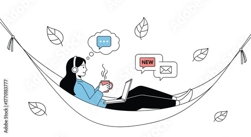 Comfortable woman in a hammock with a laptop, headphones, and a hot drink, surrounded by falling leaves and digital notifications.