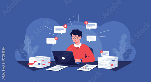 A busy man wearing glasses is overwhelmed by a barrage of digital messages and pending tasks while working diligently on his laptop at a desk.