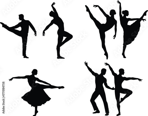 Ballet dancer silhouettes, elegant dance poses, classical performance art, ballerina and male dancer, graceful movement, stage performance