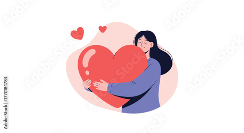 A happy young woman with her eyes closed peacefully embraces a large red heart, symbolizing self-love and emotional well-being.