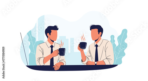 Two professional men enjoy a coffee break and conversation, fostering teamwork and informal communication in a modern office setting.