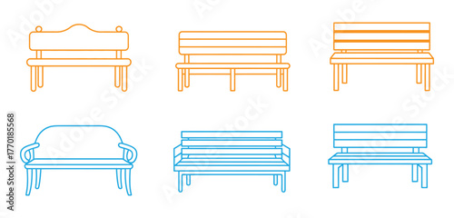 set of bench park bench in line art style