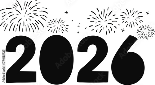 Print  Bold black 2026 digits with festive fireworks illustration isolated on white background for New Year design