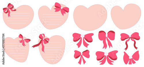 Pink heart-shaped notes, set of memo with ribbon bow ornament elements for journaling, sticker, and task reminder.