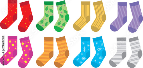 Set of colored pairs of socks with different patterns. Foot apparel collection. Cotton and wool accessory for feet. Vector flat illustration christmas 
