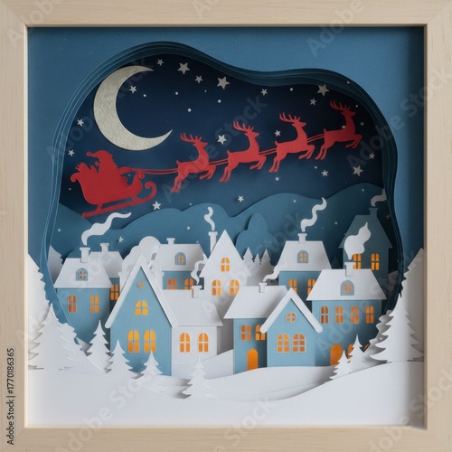 Santa Claus and his reindeer flying over a snowy, cozy village at night with a crescent moon in a layered paper cut style shadow box.