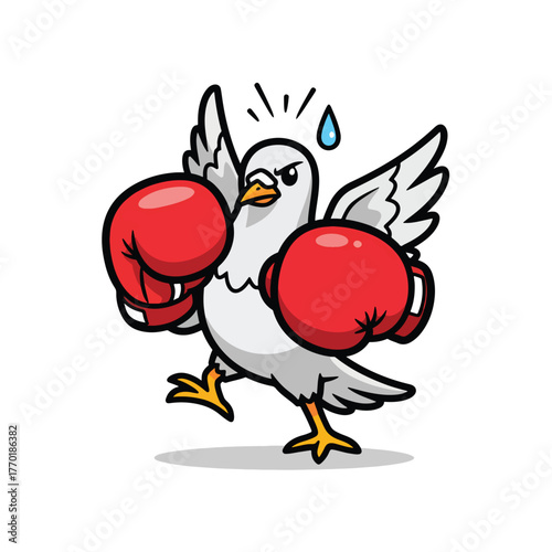 Cartoon pigeon wearing boxing gloves, ready to fight