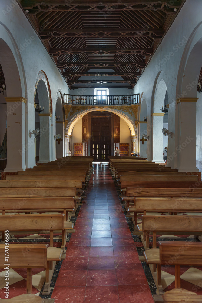 Fototapeta premium Symmetrical Church Aisle Leading to Doors, Arched Side Naves and Wooden Ceiling