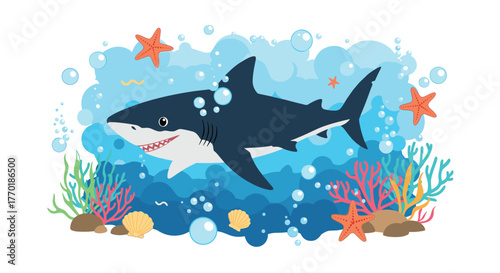 A friendly cartoon great white shark swims happily in a vibrant underwater ocean scene surrounded by colorful coral, starfish, and bubbles.
