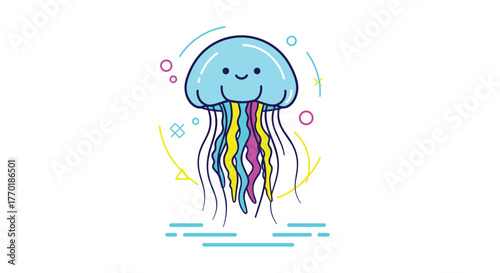 A cute cartoon jellyfish with a light blue bell and colorful tentacles swims among abstract shapes and water lines on a white background.