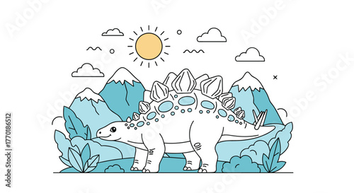 A friendly cartoon Stegosaurus dinosaur smiles while walking through a prehistoric landscape with mountains, plants, sun, and clouds.