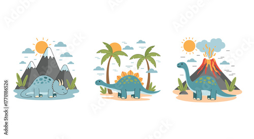 Cute cartoon dinosaurs in prehistoric scenes with mountains, palm trees, and an erupting volcano.