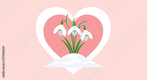 Three delicate snowdrop flowers bloom from a patch of snow inside a loving pink heart on a light background, symbolizing hope and new beginnings.