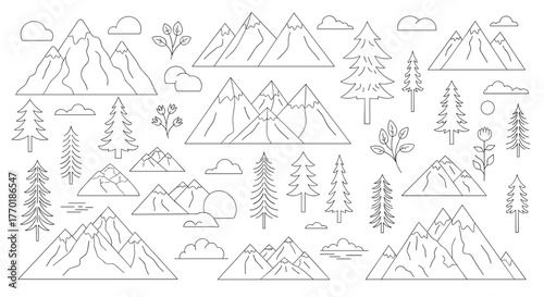 Outline illustrations of diverse mountain ranges, evergreen trees, and clouds, with simple botanical elements, ideal for nature-themed designs and outdoor projects.