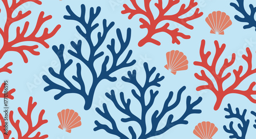 Seamless pattern with stylized red and blue coral branches and orange seashells on a light blue background, evoking an ocean theme.