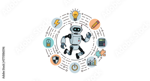 An animated robot runs surrounded by a ring of icons symbolizing key attributes of artificial intelligence, including ideas, data, problem-solving, and security.