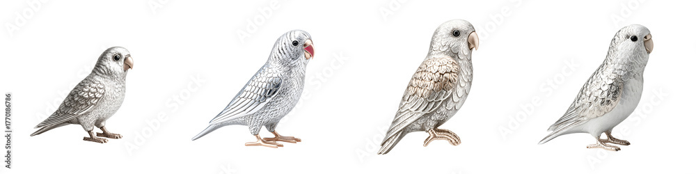 Fototapeta premium Four White Budgerigars - Set of Decorative Bird Figurines on White Background