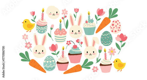Cute collection of Easter and spring celebration illustrations with bunnies, chicks, eggs, carrots, cupcakes, and flowers.