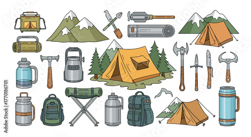 A vibrant collection of essential camping and hiking equipment, featuring tents, mountains, tools, and accessories for outdoor adventures.